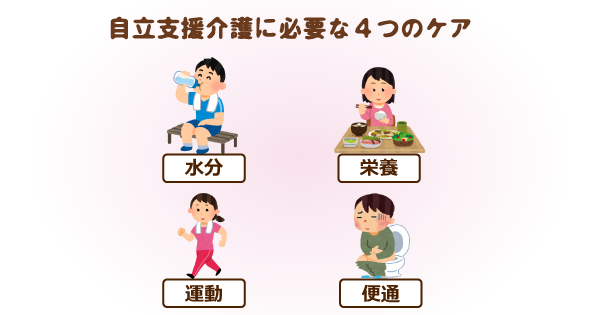 自立支援介護とは？「身体的」「精神的」「社会的自立」を改善する水分、栄養、運動、便通の４つのケア