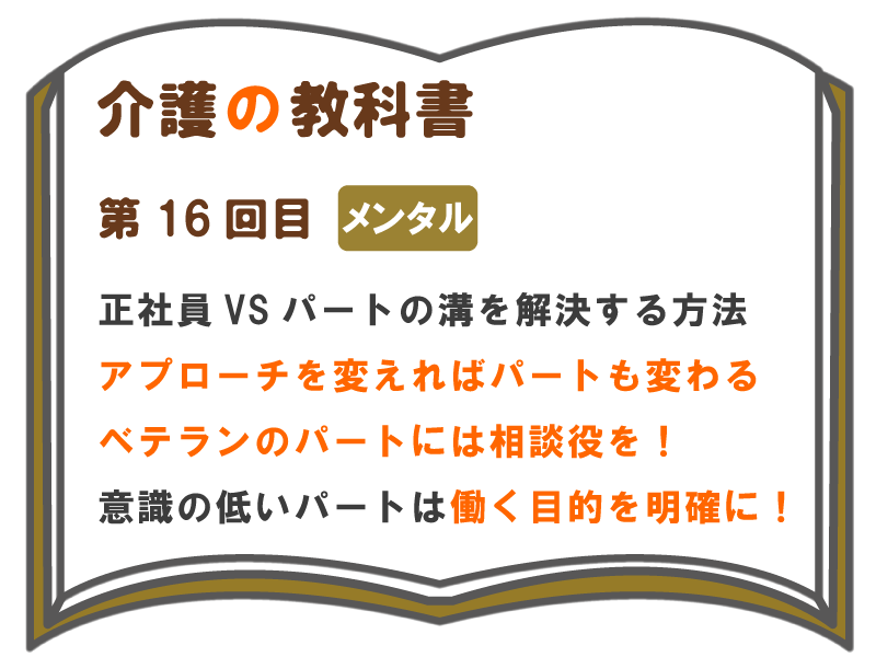 正社員vsパートの溝を解決する方法 アプローチを変えればパートも変わる ベテランのパートには相談役を 意識の低いパートは働く目的を明確に 介護の教科書 みんなの介護