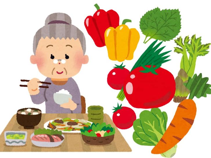 トマト・ピーマン・にんじん・小松菜などの緑黄色野菜には高齢者に多い認知症を予防する食材を摂取するおばあさん