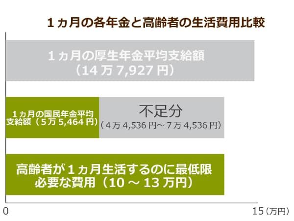 １ヵ月の各年金と高齢者の生活費用比較