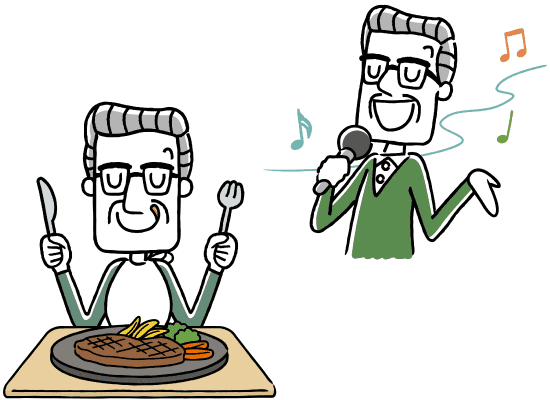 ステーキを食べようとしているおじいさんとカラオケをしているおじいさん