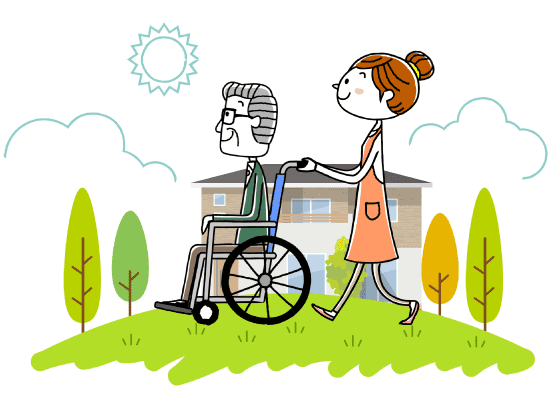芝生の上を散歩する車椅子の男性と車椅子を押す若い女性