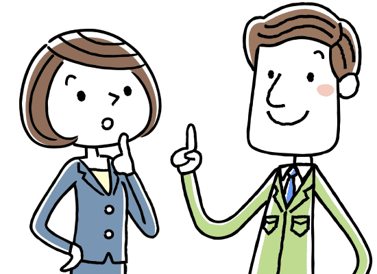 人差し指に手を当てて話をするスーツ姿の男性と、話を聞くスーツ姿の女性