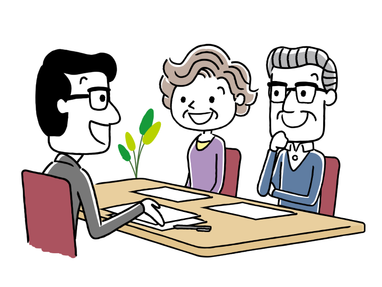 男性に相談をする老夫婦