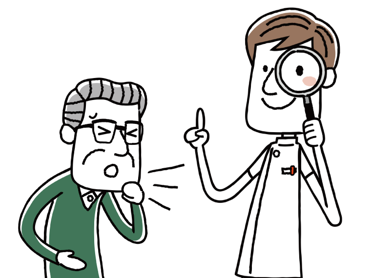せき込んでいる高齢男性と、人差し指を立てて虫眼鏡を持っている若い男性看護師
