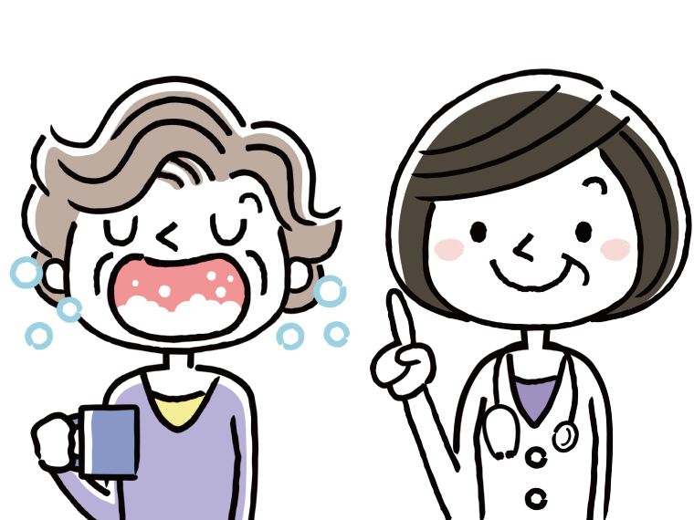 うがいをする高齢女性と人差し指を立てている白衣を着た女性