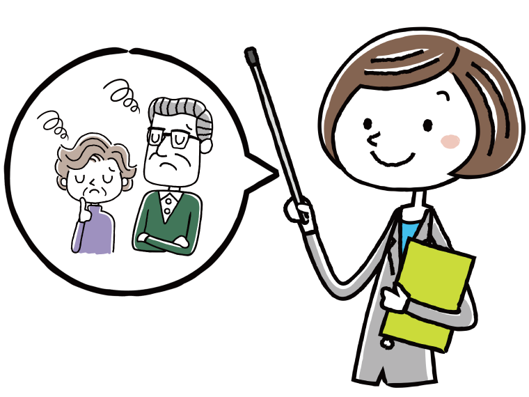 困っている高齢夫婦をイメージするスーツを着た女性