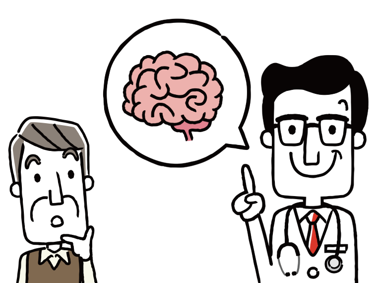 脳の話をする白衣を着た医師と、あごに手を当てて話を聞く高齢男性