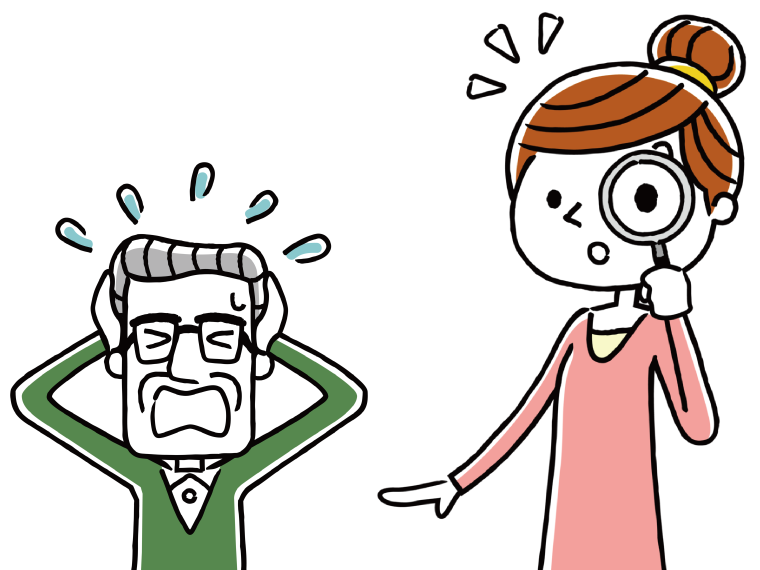 頭に手をあてて悩んでいる高齢男性と、虫眼鏡を持ったワンピース服の若い女性