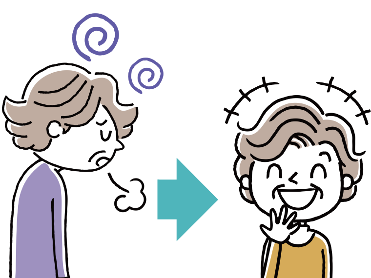 ため息をついて落ち込んでいる状態から、笑顔になる高齢の女性