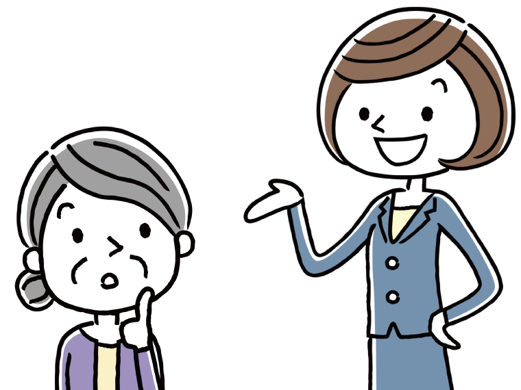 手を差し出して話をするスーツ姿の女性と、話を聞く高齢女性
