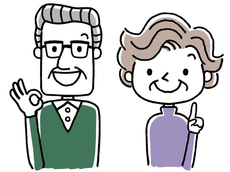 OKサインと人差し指を立てている高齢夫婦