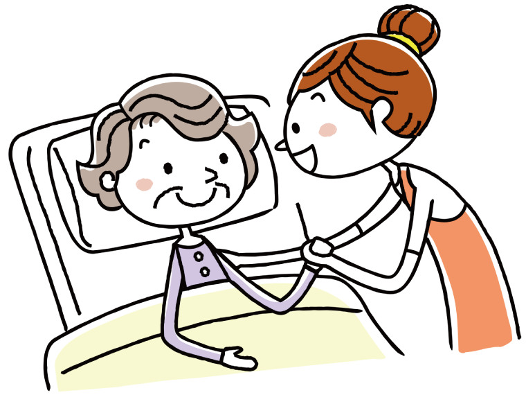 ベッドで横になっている高齢女性の手をそっと握る介護士