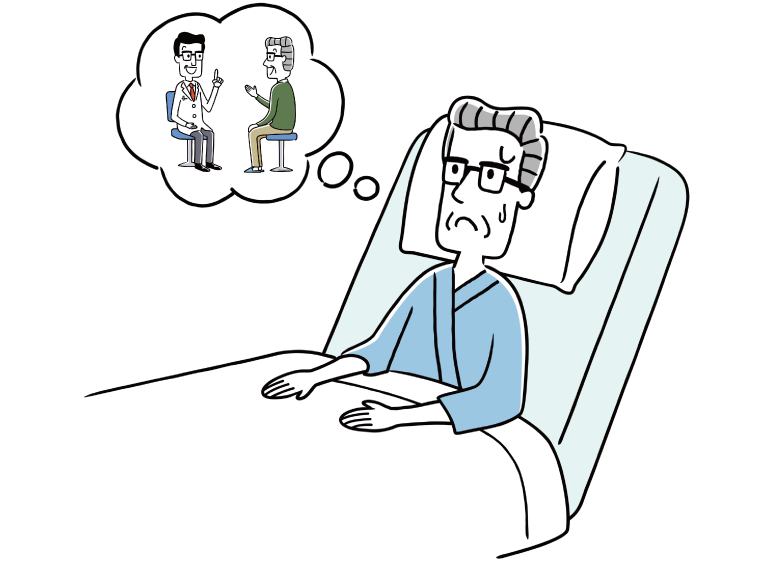 医師と話した内容を思い出している高齢男性