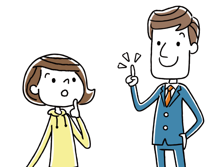 人差し指を立てて説明するスーツ姿の男性と、話を聞くパーカーを着た若い女性