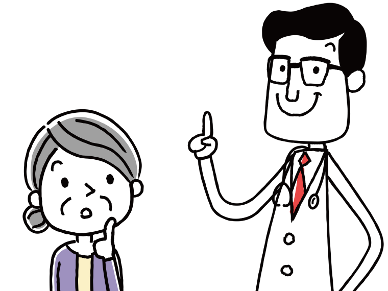 人差し指を立てて話をする若い男性医師と、話を聞く高齢女性