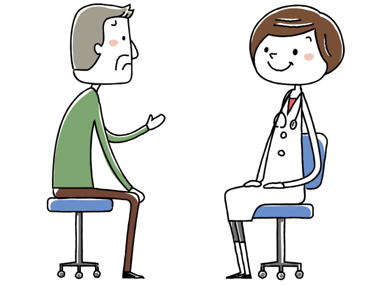 椅子に座って話をする高齢男性と話を聞く白衣を着た若い看護師