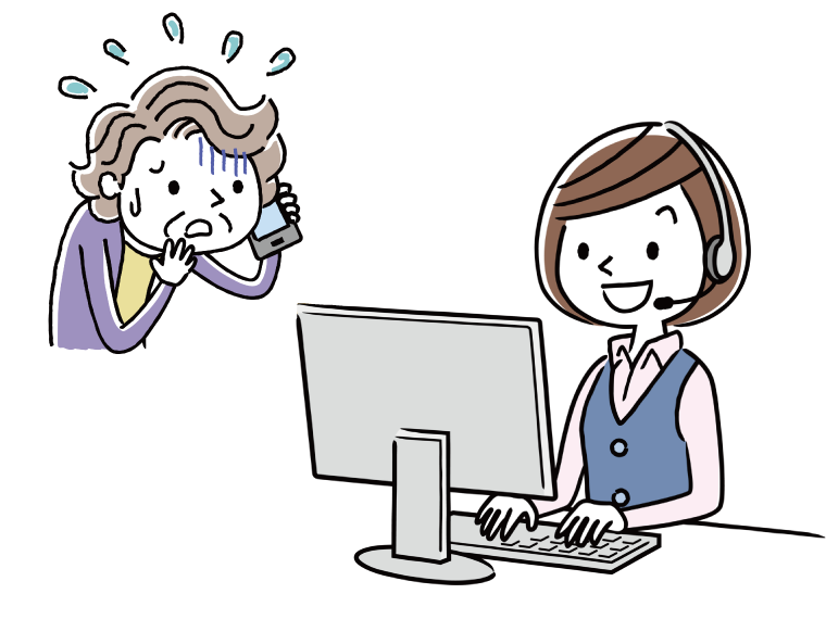 不安そうに電話をする高齢女性と、高齢女性の話を聞くオペレーターの若い女性