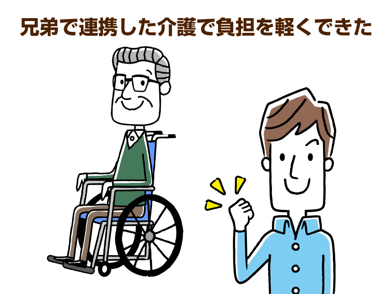 車椅子に座った高齢男性と、ガッツポーズする若い男性