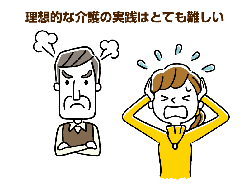 腕を組んで怒る高齢男性と、頭を抱えて苦しむ若い女性