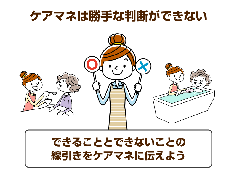 マルとバツの札を両手に持つ若い女性と、若い女性が高齢女性を介護する様子