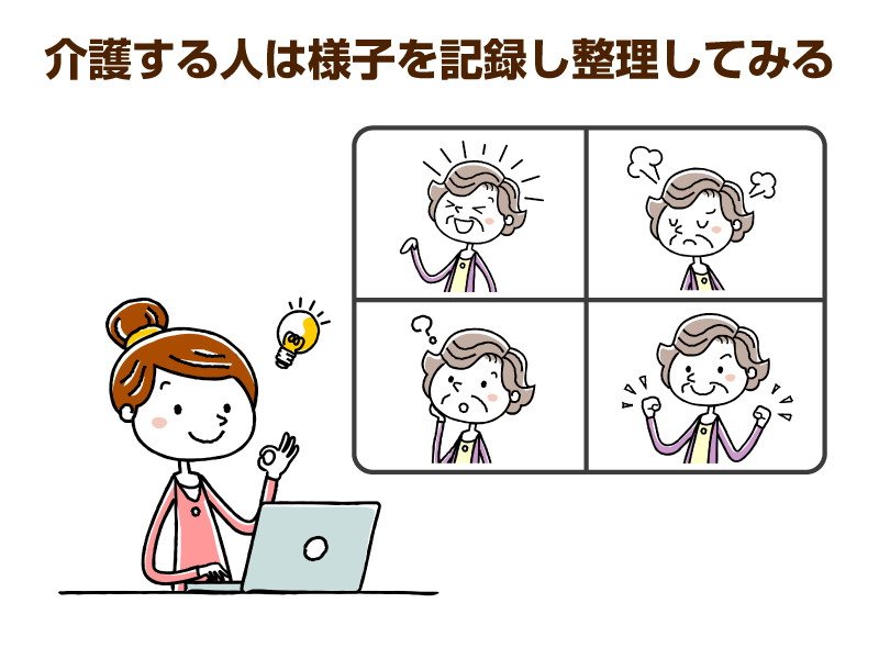 パソコンの前でひらめている様子の若い女性と４人の表情の異なる高齢の女性