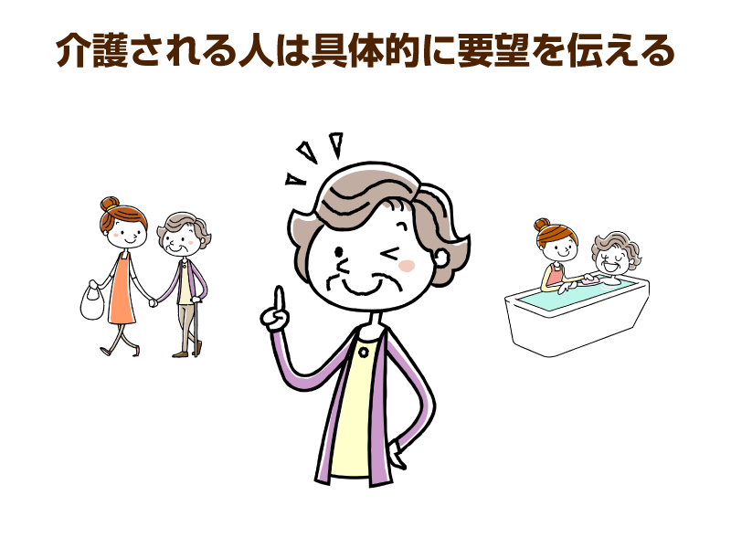 真ん中に指を立てている高齢の女性、両脇に散歩介助と入浴介助をされている同じ高齢女性