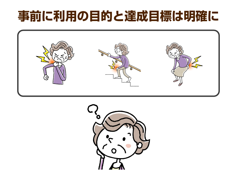 考えている様子の高齢女性と肩・膝・腰を痛めている様子の絵