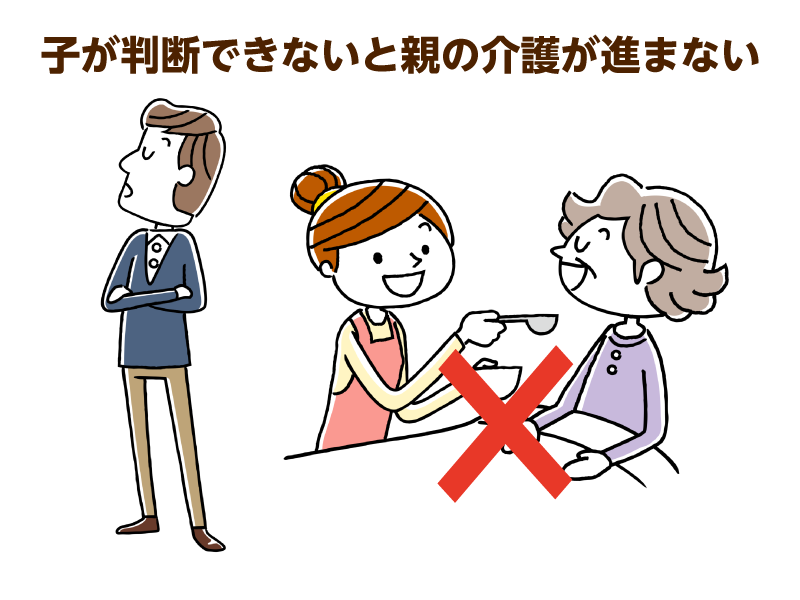 そっぽ向いている男性と食事支援している様子にバツサイン
