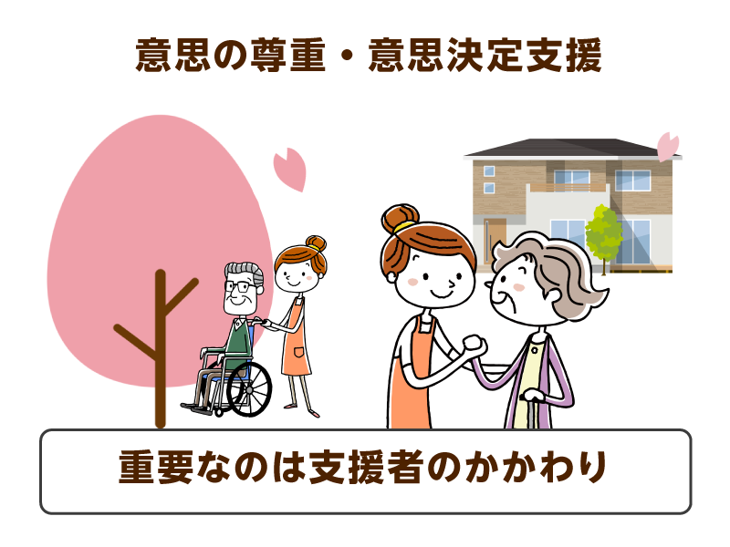 桜の前で車いすを押している女性と、高齢女性の手を取っている女性