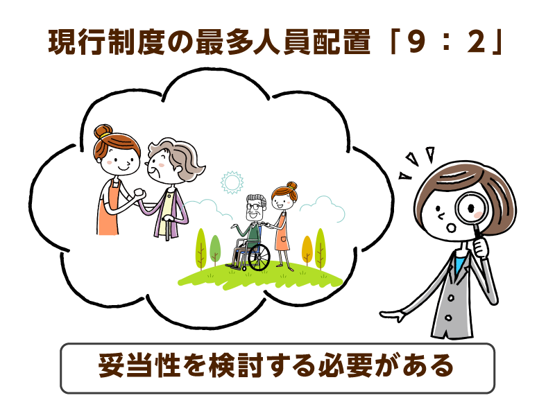 吹き出しの中で介護をしている様子と、虫めがねで見ている若いスーツを着た女性