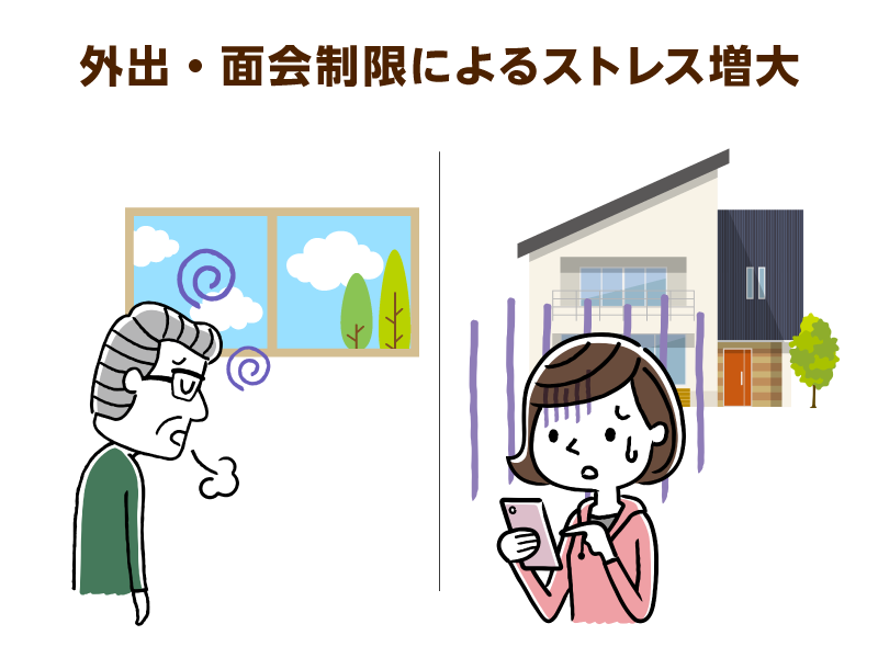 窓の前で落ち込んでいる様子の高齢男性と、家の前で不安そうに携帯を見ている女性