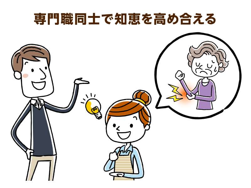 手を横に出している男性と、肘を痛めている高齢女性を思い浮かべて閃いている様子の女性