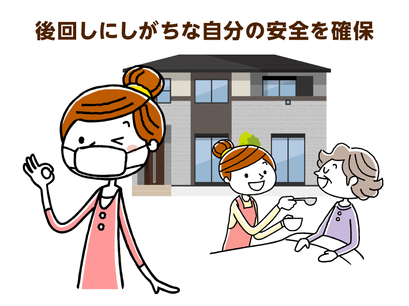 マスク着用の女性と介護中の様子