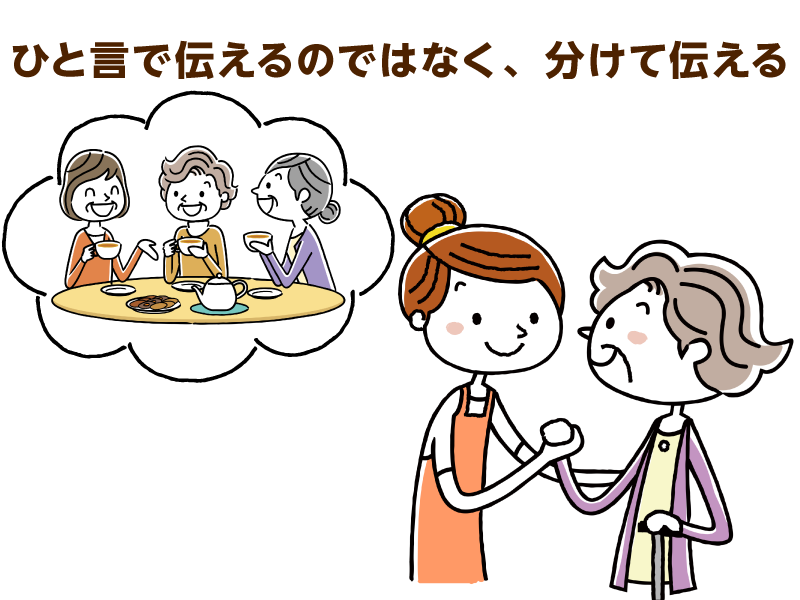 吹き出しの中でうがいや話している様子の高齢女性と手を取る若い女性