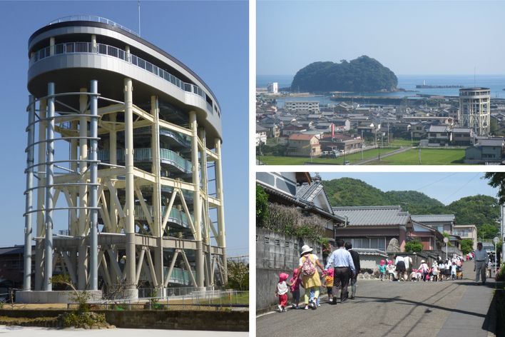 佐賀地区の避難タワーと保育所・小中高等学校合同の避難訓練の様子