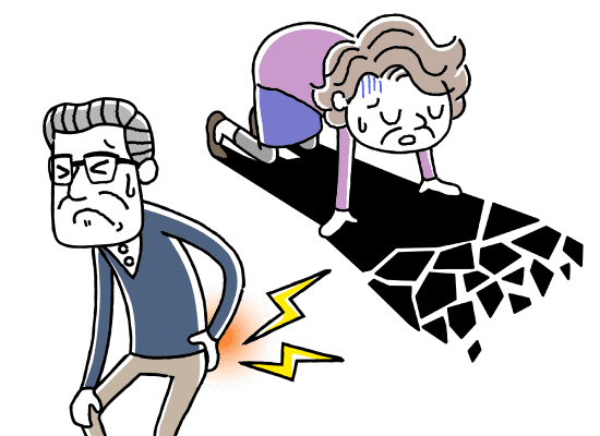 腰を痛めている高齢男性や膝をついて落ち込む高齢女性