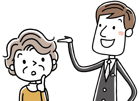 話をするスーツ姿の若い男性と、話を真剣に聞く高齢女性