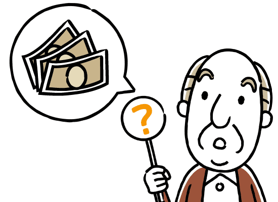 お金のことを考えてクエスチョンマークの札をあげる高齢男性