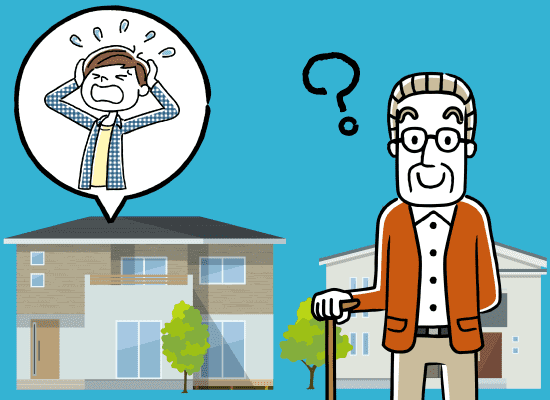 夜に徘徊する高齢男性と、頭を抱えた若い男性