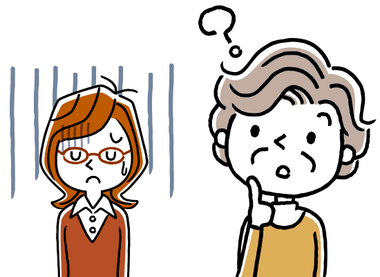 判断力が低下している高齢の女性と肩を落として落ち込んでいる眼鏡をかけた若い女性