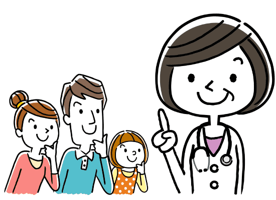 人差し指を立てて説明をする女性医師と、話を聞く若い夫婦とその娘