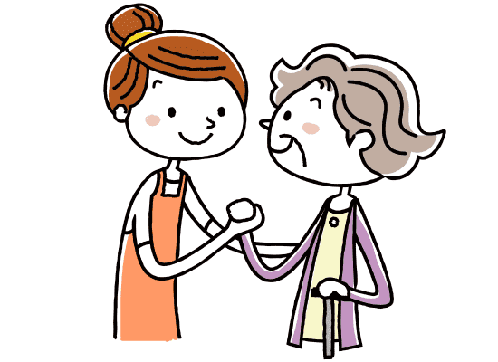 高齢女性の手を取る若い女性の介護職員