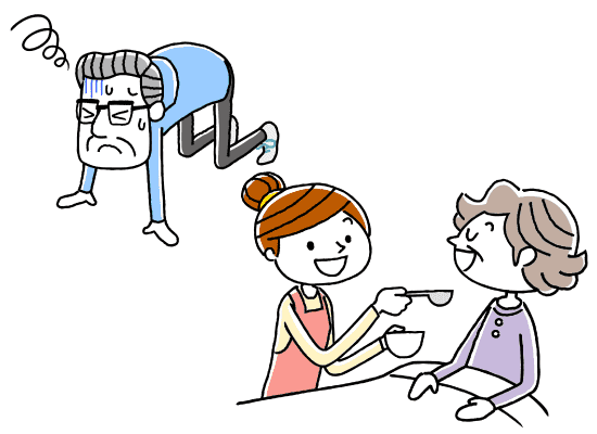 膝をついて苦しそうにする高齢男性と、若い介護職員から食事介助をしてもらう高齢女性