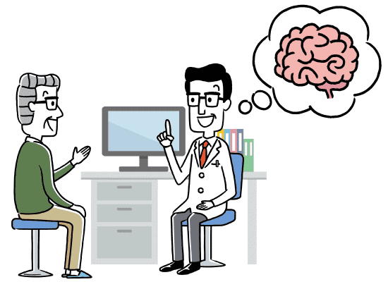 高齢男性と話しながら、脳の状態を考えている男性医師