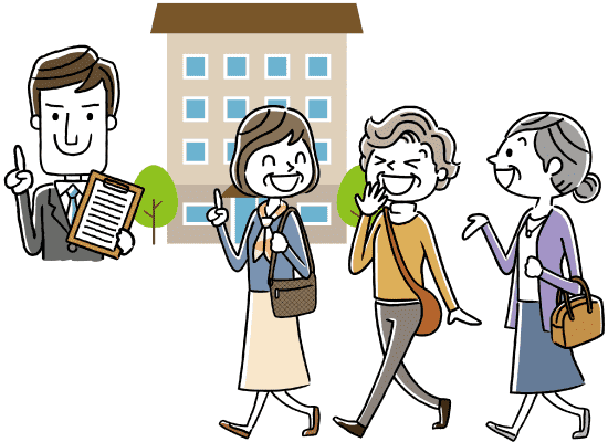 ショッピングをする入居者と人差し指を立てる介護事業者