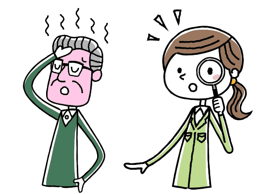 熱を出して頭を押さえている高齢の男性と虫眼鏡で前を見つめる若い女性