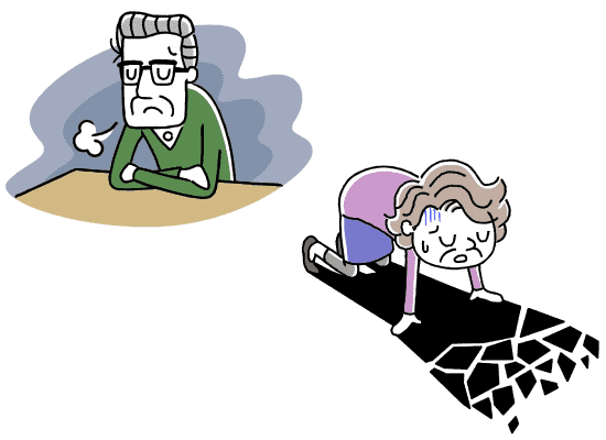 ため息をつく高齢の男性と、膝をつく高齢の女性