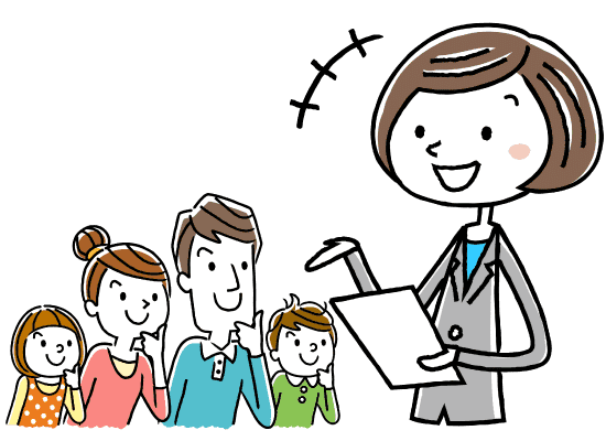 紙を手に話をする若い女性と、女性の話を聞く四人家族