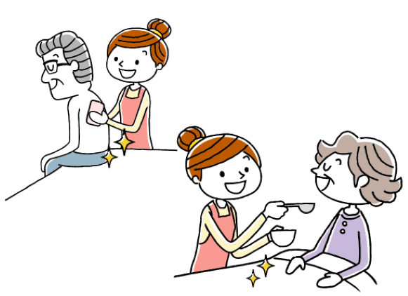 食事介助や清拭を行う若い女性